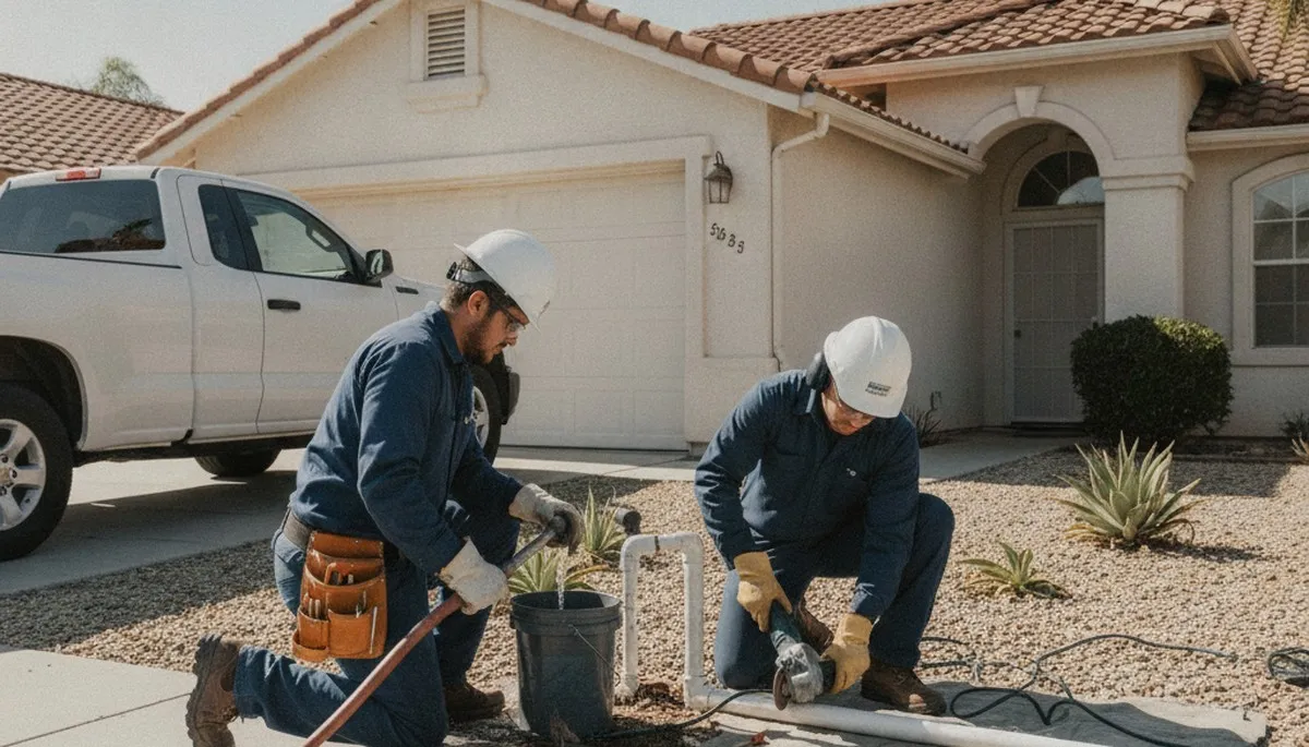 Fresno CA plumber repairing plumbing system for residential service call